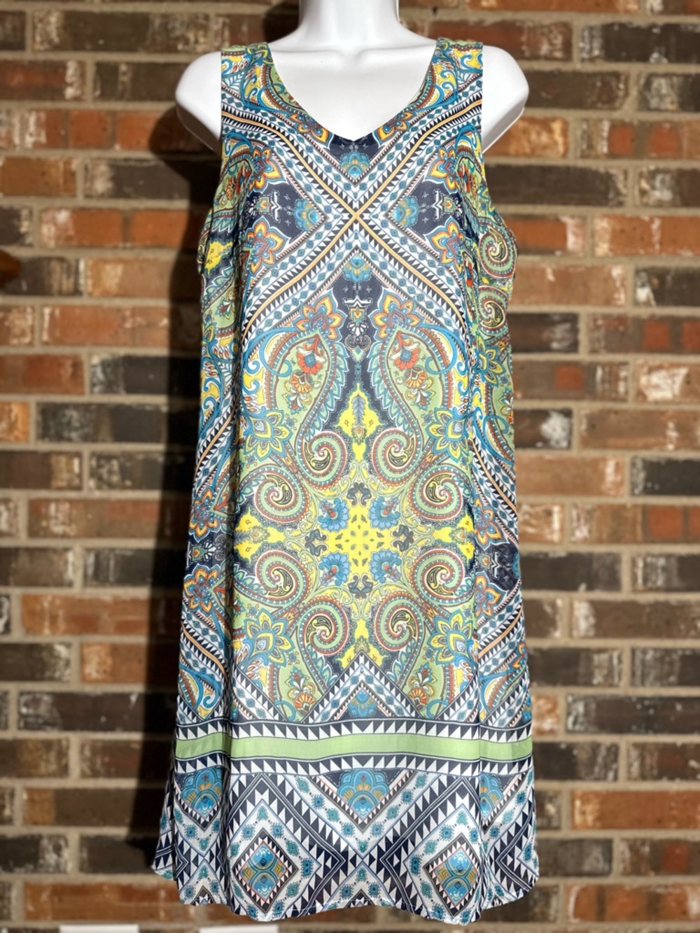 AUW Multicolor Paisley-Geo Sleeveless Midi Dress in Blue, Yellow, Green